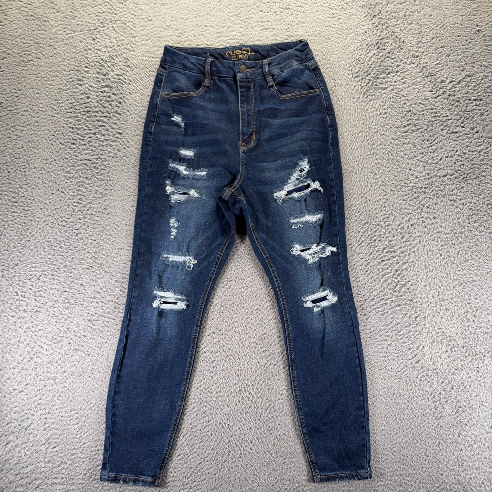 Rue21 Curvy Jeans Women 12 Blue Cotton Denim Straight Distressed Faded Stretch